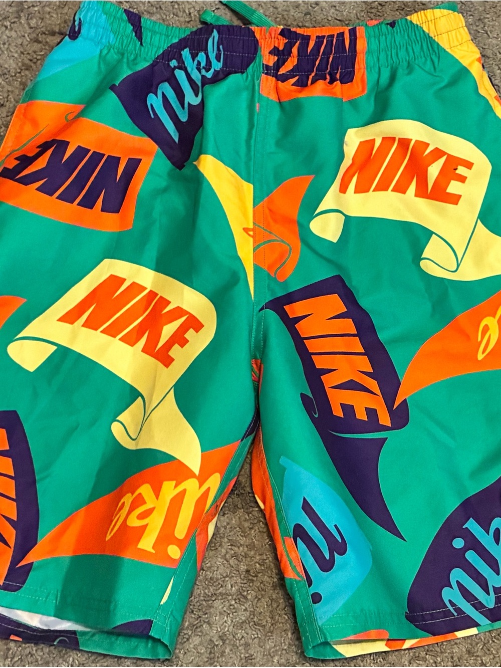 Nike Green Swim Trunks with Orange, Yellow & Purple Logos